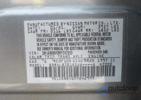 2021 Nissan Sentra S Xtronic Cvt z USA, uszkodzony, nr VIN 3N1AB8BV0MY242999